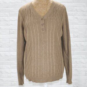KAREN SCOTT Sweater Cable Knit Pullover Long Sleeve Button V-Neck Classic Tan M